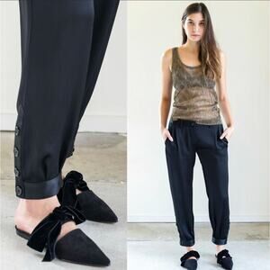 Nili Lotan 2 Bertina Slouchy $550 Black Silky Pants Pleats High Rise Buttons